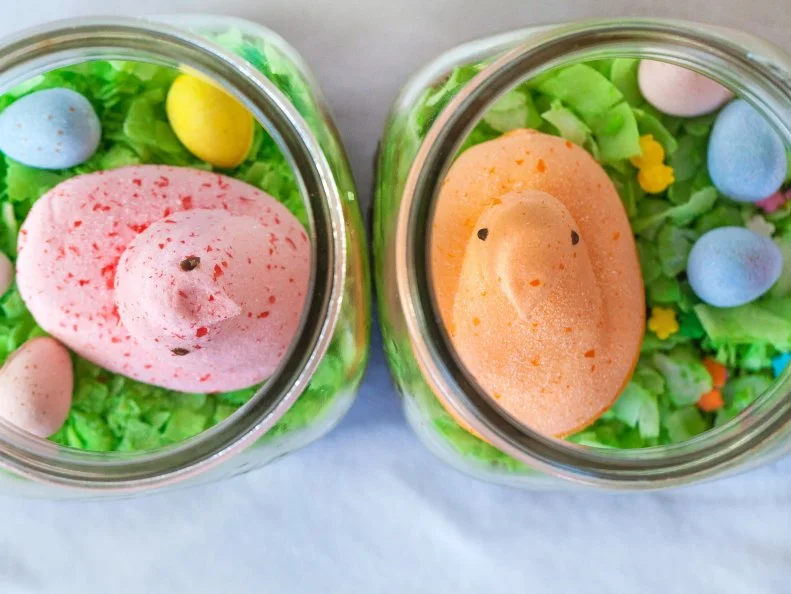 Bake brownies in mason jars then top with colored coconut, chocolate eggs, sprinkles and Peeps! . Food Photography, Ideas and Recipes By Jackie Alpers for Food Network.
