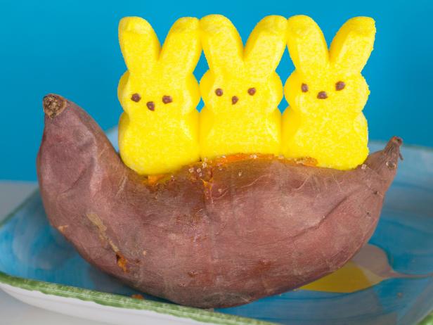 Top baked sweet potatoes or yams with Peeps instead of marshmallows. Food Photography, Ideas and Recipes By Jackie Alpers for Food Network.