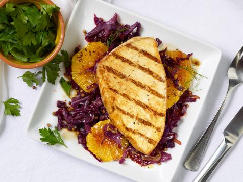 Pan Fried Turkey Cutlets with Braised Red Cabbage and Roasted Oranges