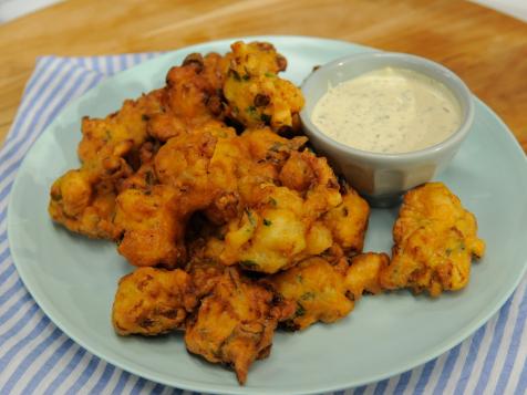 Shrimp Fritters with Cornichon Dressing