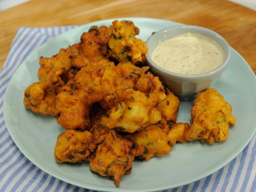 Shrimp Fritters with Cornichon Dressing Recipe Geoffrey Zakarian Food Network