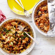 FNK HEALTHY GRILLED CHICKEN AND RICE FOIL PACKS, Food Network Kitchen,
Boneless and Skinless Chicken Thighs, Black Beans, Rice, Salsa, Pickled Jalapenos, Tomato
Paste, Chili Powder, Turmeric, Lowsodium
Chicken Broth, Scallions