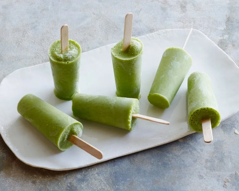FNK KALE-Â­BANANA BREAKFAST POPS, Food Network Kitchen, Banana, Kale, GreekYogurt, Maple Syrup, Oranges, Lemon, Ginger, Frozen Pop Molds