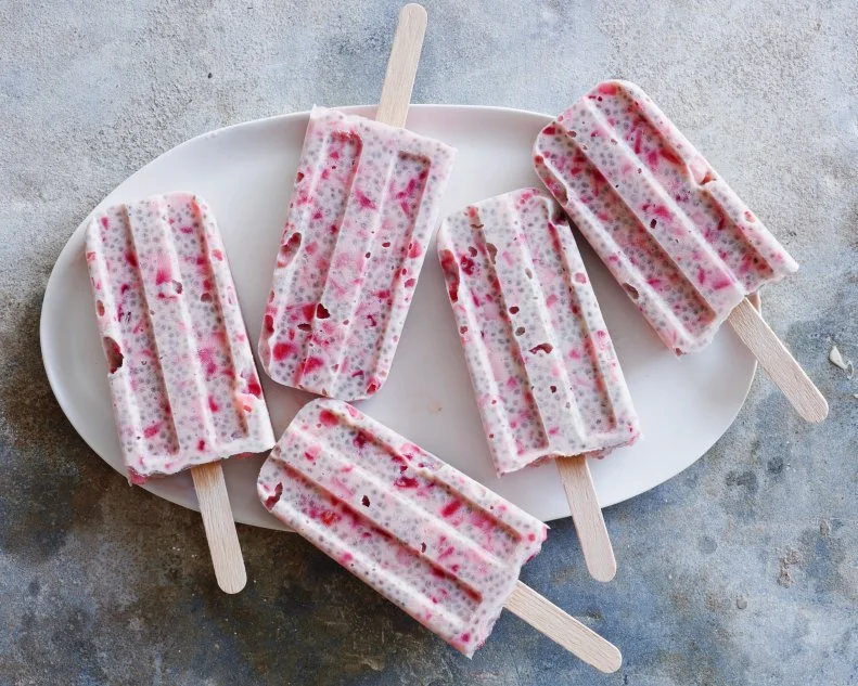 FNK STRAWBERRY-Â­CHIA BREAKFAST POPS, Food Network Kitchen, Evaporated Milk,Lime, Honey, Chia Seeds, Strawberries, Frozen Pop Molds