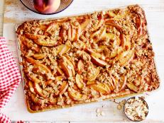 FNK PEACH STREUSEL SLAB PIE, Food Network Kitchen, Allpurpose
Flour,
Unsalted Butter, Confectioners’ Sugar, Peaches, Light Brown Sugar, Lemon,
Cornstarch, Vanilla Extract, Cinnamon, Nutmeg, Almonds