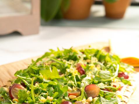 Ricotta, Arugula and Grape Pizza with Pine Nuts and Lemon Oil