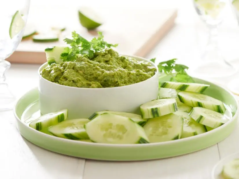 Food Networks Spring Pea Guacaomole with Cucumber Crudites as seen on Food Network
