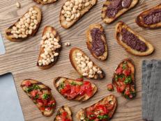 Bobby Flay's A Trio of Bruschetta for THANKSGIVING/BAKING/WEEKEND COOKING, as seen on Hot off the Grill with Bobby Flay, Bruschetta.