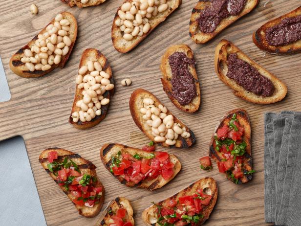 Bobby Flay's A Trio of Bruschetta for THANKSGIVING/BAKING/WEEKEND COOKING, as seen on Hot off the Grill with Bobby Flay, Bruschetta.