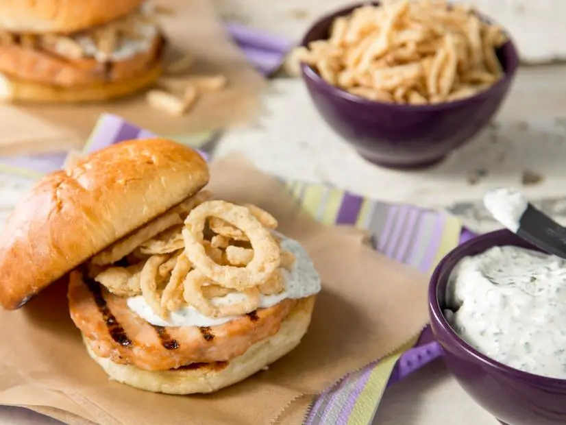 Crispy Onion Salmon Burger with Easy Herb Sauce