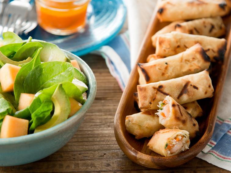 Shrimp Spring Rolls With A Sweet Melon, Avocado And Spinach Salad