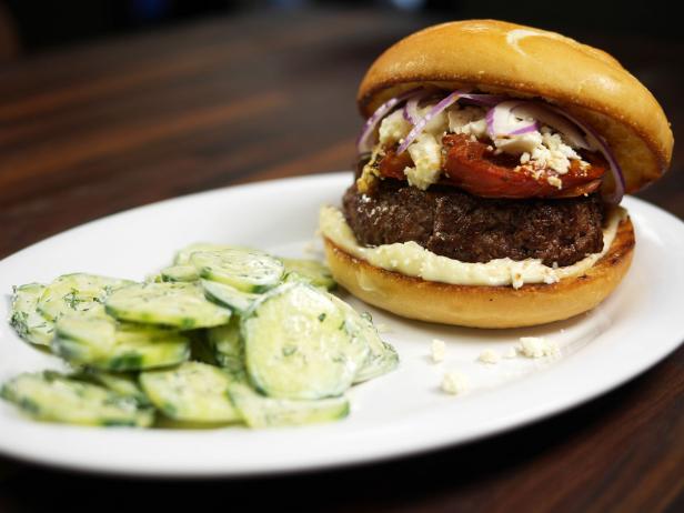 Big Greek Gus Burger and Cucumber Salad