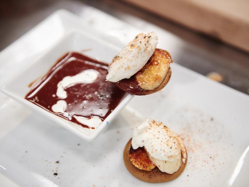 Finalist Arnold Myint's dish, Bitter Spiced Hot Chocolate and a Bruleed Banana Gingersnap with Cayenne Whipped Cream, for the Star Challenge, Trendy Dinner, as seen on Food Network Star, Season 11.