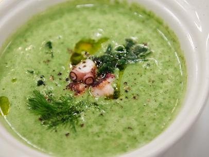 Finalist Michelle Karam's dish, Cream of Spinach Soup with Grilled Octopus, for the Star Challenge, Trendy Dinner, as seen on Food Network Star, Season 11.