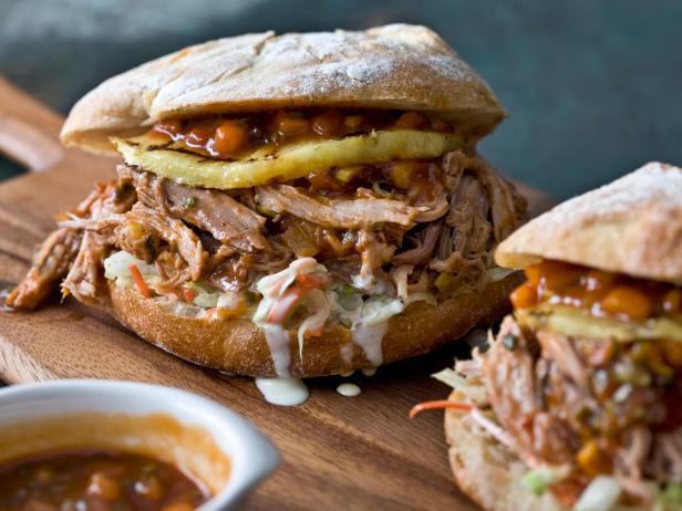 Pulled Pork Sandwich with Homemade Coleslaw and Grilled Pineapple