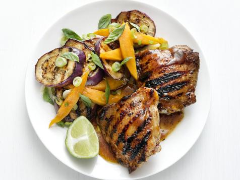 Grilled Honey Chicken Thighs with Eggplant Mango Salad