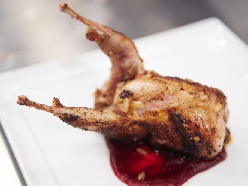 Finalist Jay Ducote's dish, Thanksgiving: Boudin Stuffed Quail with Cranberry Bourbon Sauce, for the Star Challenge, Food Stars at Home for the Holidays, as seen on Food Network Star, Season 11.