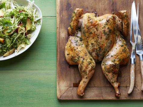 Roast Basil Chicken, Basil Baby Potatoes, Frisee Plum Salad