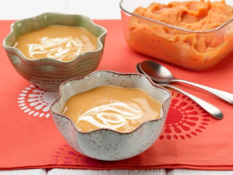 Food Network Kitchenâ  s Curried Sweet Potato Soup for KIDS/THANKSGIVING/CAMP CUTTHROAT, as seen on Food Network.