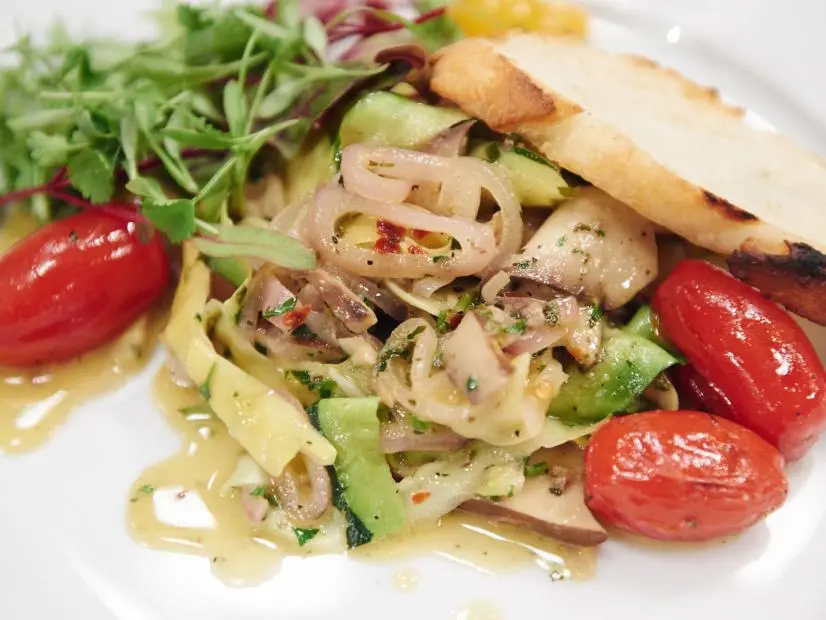 Finalist Eddie Jackson's dish, Summer Veggies: Veggie Pasta Scampi, for the Star Challenge, Summer Live, as seen on Food Network Star, Season 11.