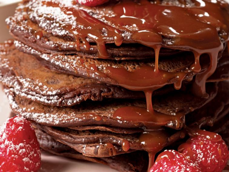 Double Chocolate Pancakes with Salted Caramel Sauce Recipe Bobby Flay Food Network