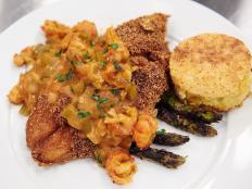 Finalist Jay Ducote's dish, Fried Catfish topped with Crawfish Etouffee over Basmati Rice and Grilled Asparagus with Creamed Corn Cornbread, for the Cook For Your Life challenge, as seen on Food Network Star, Season 11.