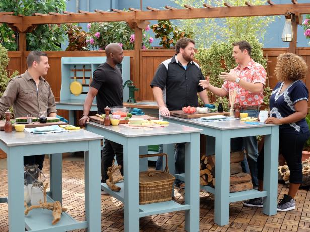 Hosts, Jeff Mauro and Sunny Anderson, with special guests Food Network Star finalists Dom Tesoriero, Eddie Jackson and Jay Ducote, as seen on Food Networkâ  s The Kitchen, Season 6.
