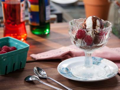 Chocolate mint sundae with homemade chocolate sauce, as prepared by host Valerie Bertinelli on Valerieâ  s Home Cooking.