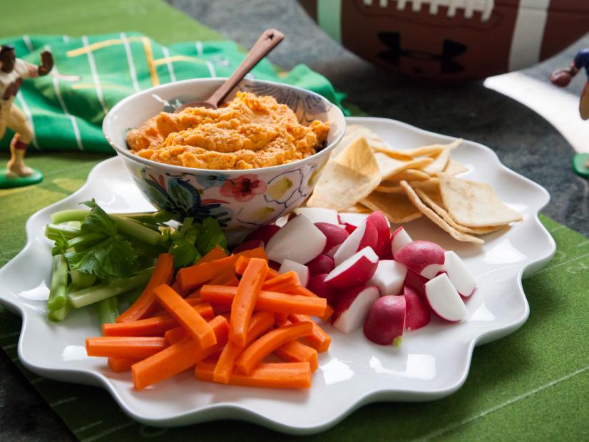 Roasted red pepper hummus with fresh veggies and pita chips, as prepared by host Valerie Bertinelli on Valerieâ  s Home Cooking.