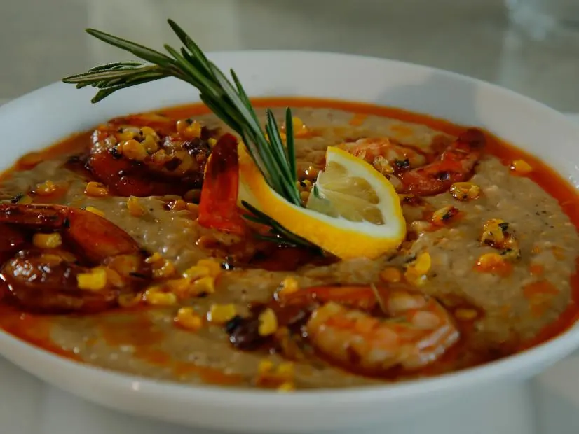 CU of the Shrimp and Grits from Joy Café in Atlanta, GA as seen on Food Network's Diners, Drive-Ins and Dives episode 2305.