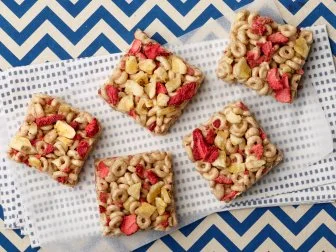 Food Network Kitchenâ  s Strawberry-Banana Cereal Treats for KIDS/THANKSGIVING/CAMP CUTTHROAT, as seen on Food Network.