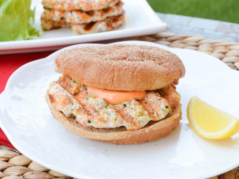 Michelle Dudash’s 5-Ingredient Grilled Salmon Burgers with Sriracha Mayonnaise, as seen on Foodnetwork.com’s Healthy Eats blog.