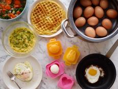 10 THINGS YOU DIDNâ  T KNOW YOU COULD DO WITH EGGSFood Network Kitchen, Eggs, Broth, Olive Oil, Sea Salt, Cracked Black Pepper, Fish Sauce,Scallions, Sesame Seeds, Steamer Basket, Eggs Molds, Waffle Iron, Cheese, Hot Sauce,Lemon Juice, Canola Oil