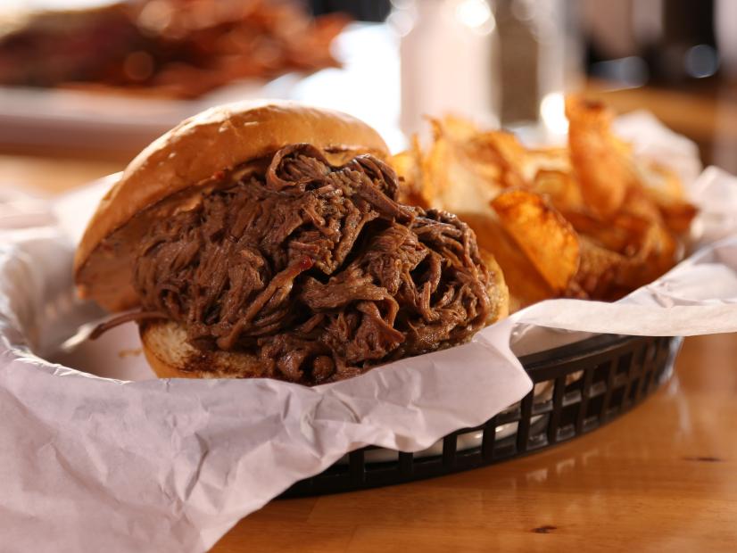 WS of the Beer braised beef sandwich from Buster's on 28th in Minneapolis, MN as seen on Food Network's Diners, Drive-Ins and Dives episode 2307.
