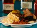 WS of the Brisket Sandwich dish from Bayport BBQ in Minneapolis, MN as seen on Food Network's Diners, Drive-Ins and Dives episode 2308.