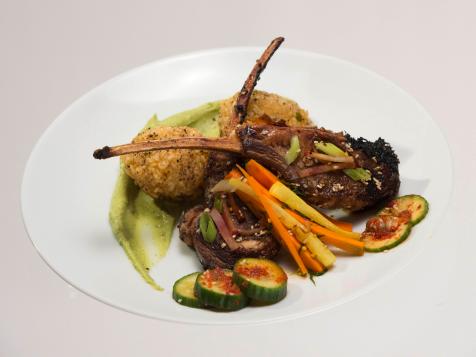 Lamb Chops with Stuffed Arancini, Avocado Sauce, Pickled Daikon and Carrots and Cucumber Kimchi