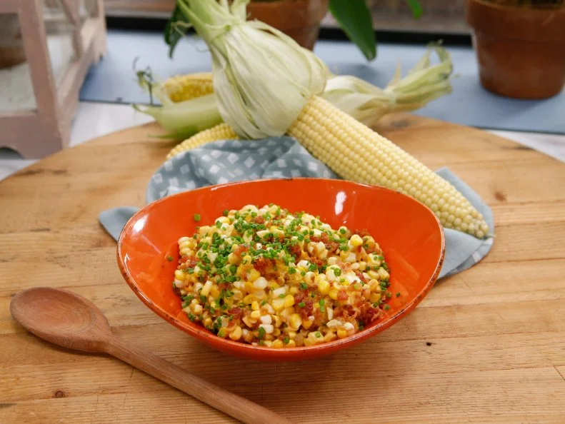 Host Geoffrey Zakarian's No Cream Creamed Corn dish is seen on the set of Food Network's The Kitchen, Season 7.