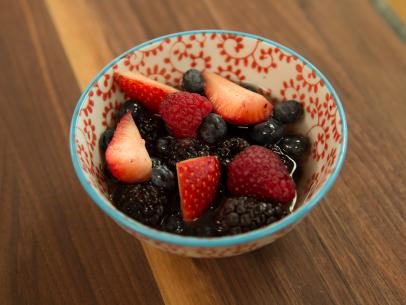 Valerie Bertinelli prepares her limoncello desert with Strawberries, Blue & Black Berries, Raspberries, and Limoncello with Basil as seen on Food Networkâ  s Valerieâ  s Home Cooking, Season 1