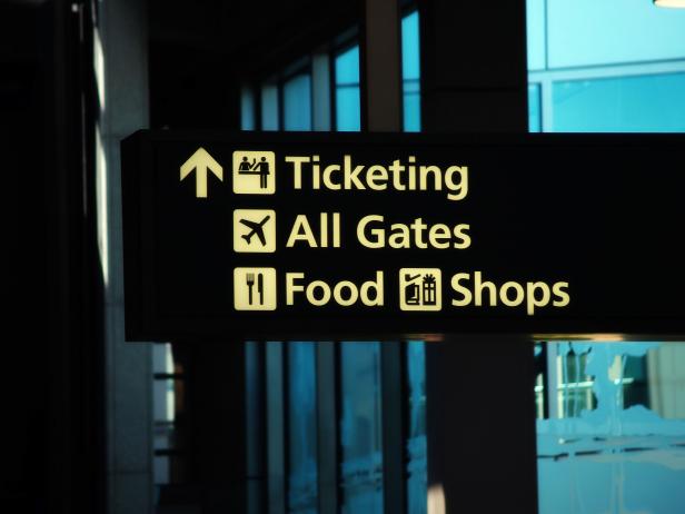 Airport Direction Sign Ticketing Gates Food Shops
