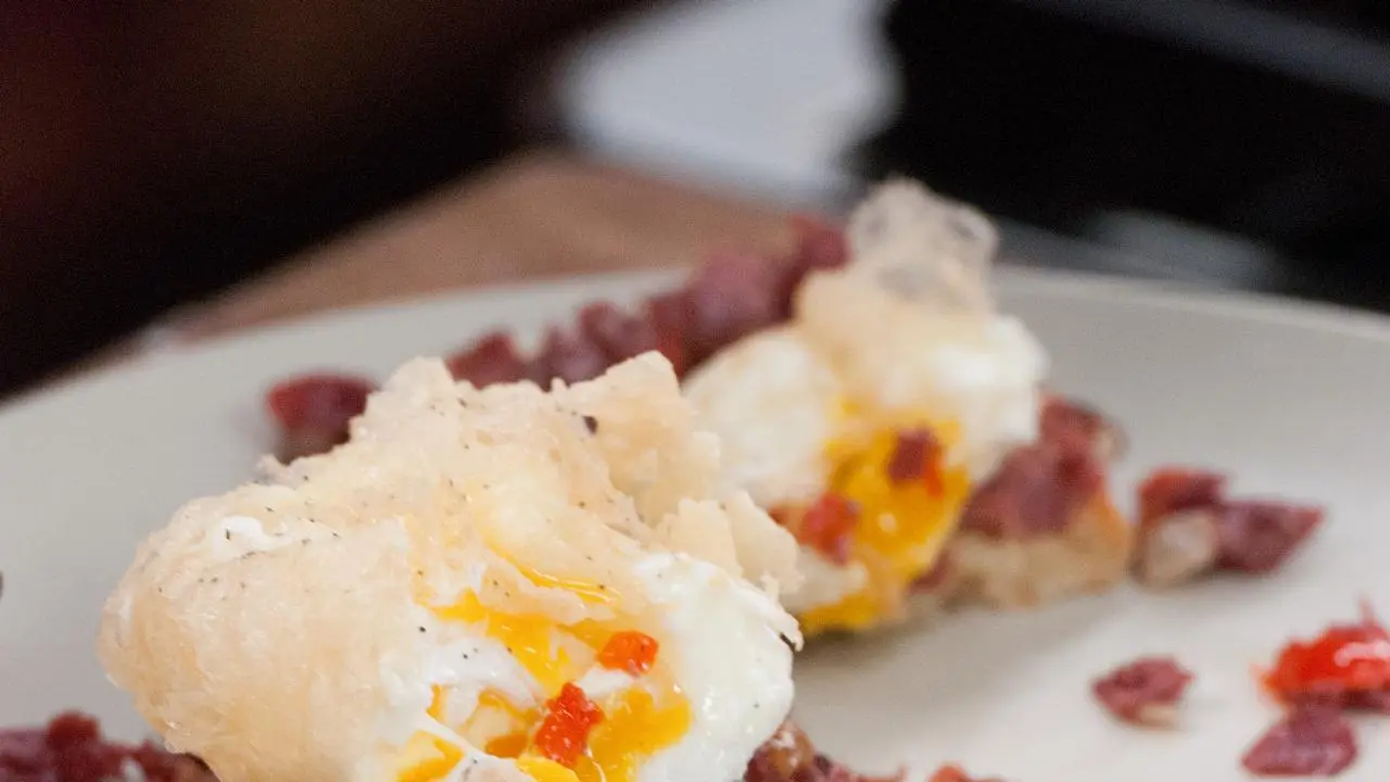 Crisp Tempura Poached Egg over English Muffin with Red Pepper Corned