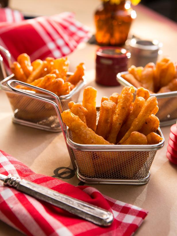 Beer Battered Fries prepared by host Tiffani Amber Theissen for Burgers and Beer night with friends and family, as seen on Cooking Channel's Dinner at Tiffani's, Season 2.