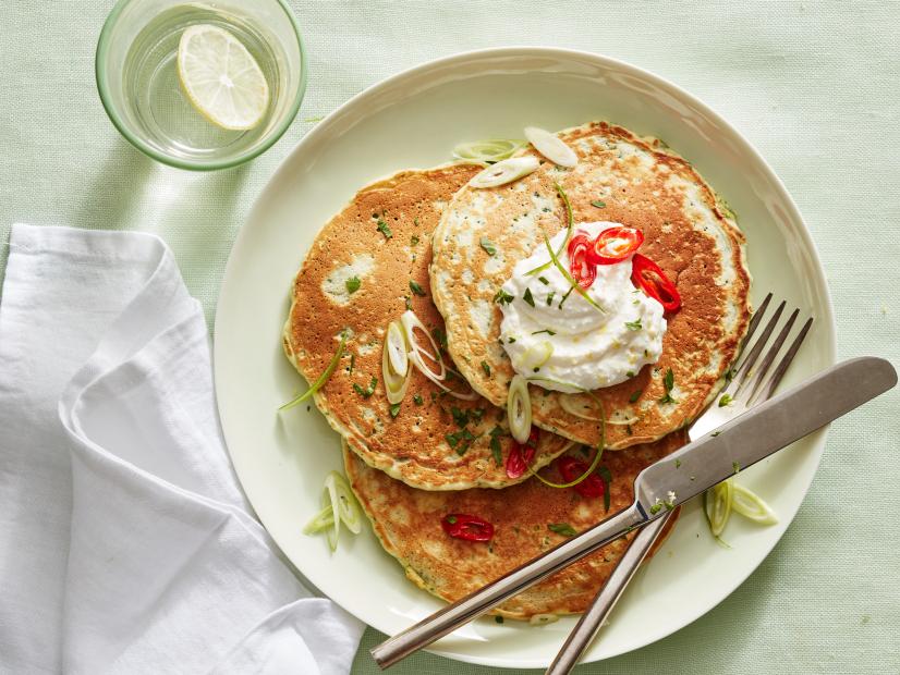 Food Network Kitchen’s  Year of Pancakes, March, Green Herb Pancakes with Ricotta and Red Chile Oil