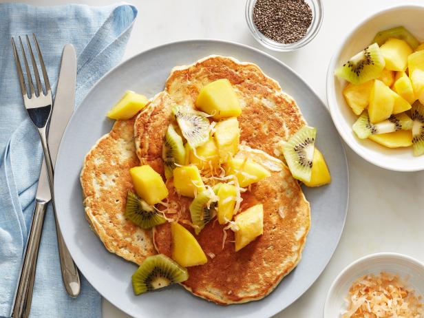 Food Network Kitchen’s  Year of Pancakes, January, Oat and Chia Seed Pancakes with Mango, Pineapple and Kiwi