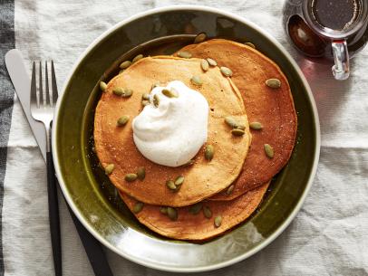 Food Network Kitchen’s  Year of Pancakes, October, Pumpkin Pancakes with Maple Syrup and Nutmeg Whipped Cream