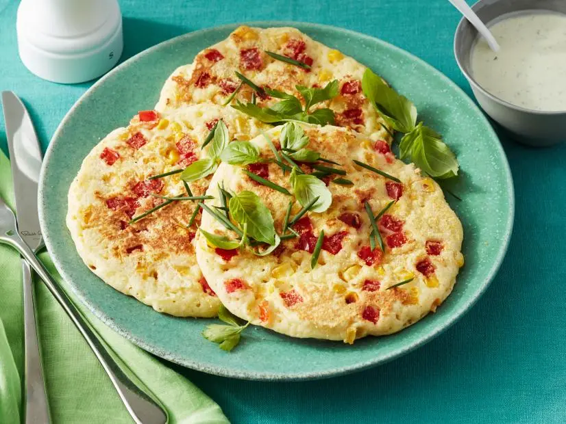 Food Network Kitchen’s  Year of Pancakes, August, Corn and Tomato Pancakes with Green Goddess Dressing