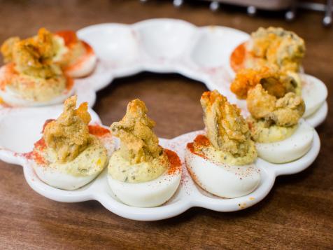 Lemon-Caper Deviled Eggs with Fried Oysters
