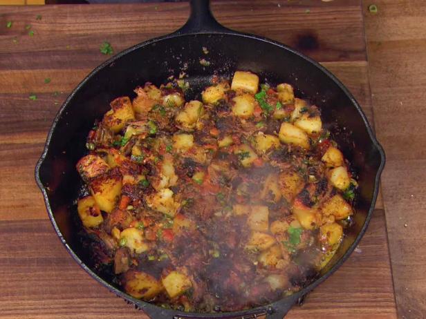 Home Fries with Burnt Ends, Pickled Chiles and Red Onions