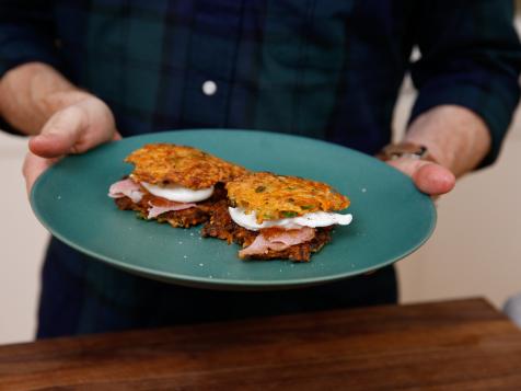 Sweet Potato-Green Onion Pancakes with Poached Eggs, Holiday Ham and Pepper Jam