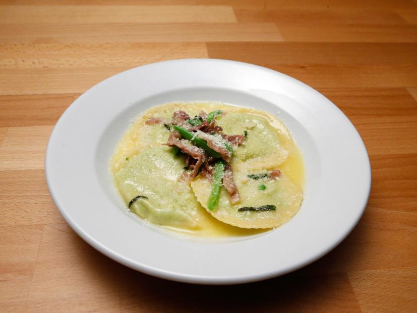 Mentor Anne Burrell's Pea and Goat Cheese Stuffed Ravioli is displayed, as seen on Food Network's Worst Cooks in America, Season 9.