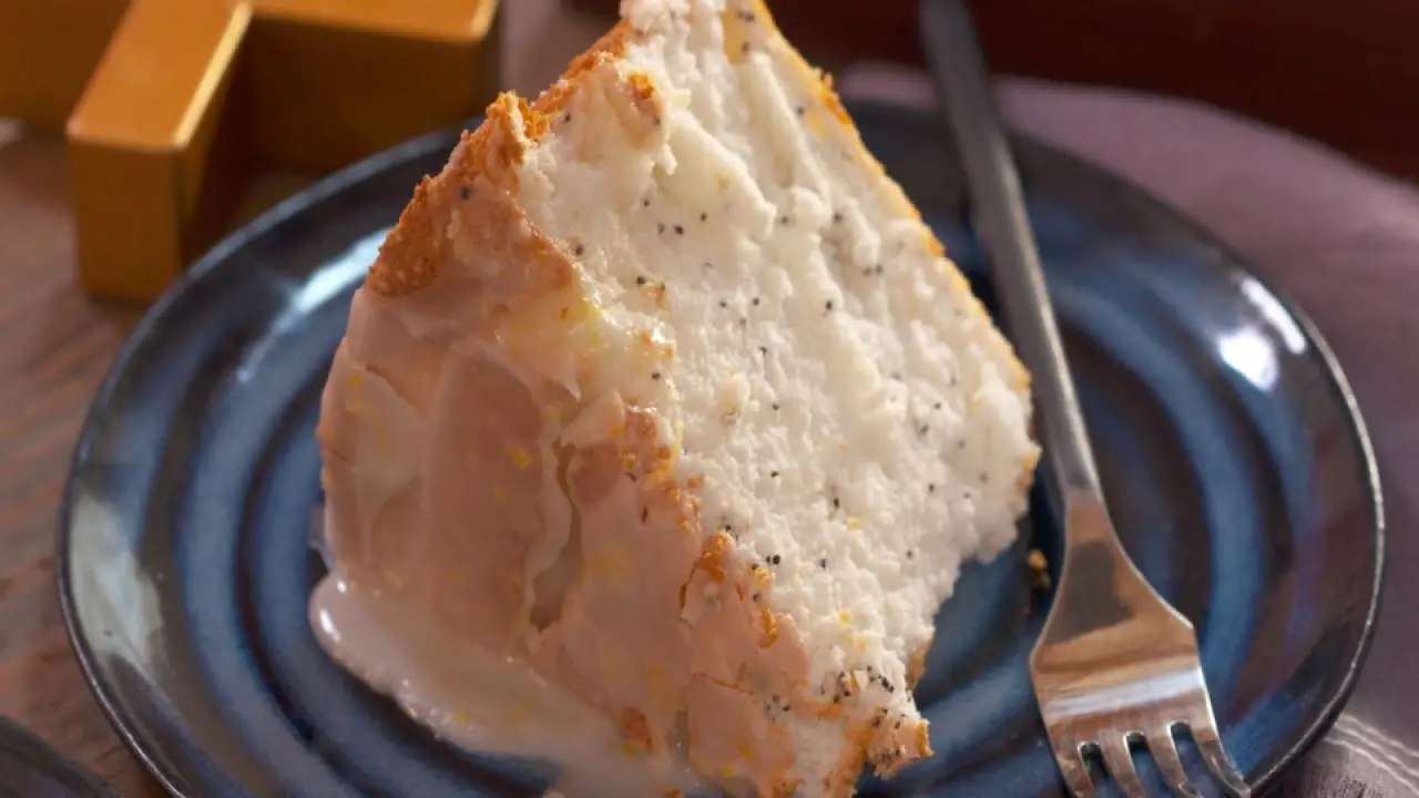 Poppy Seed Angel Food Cake with Lemon Icing